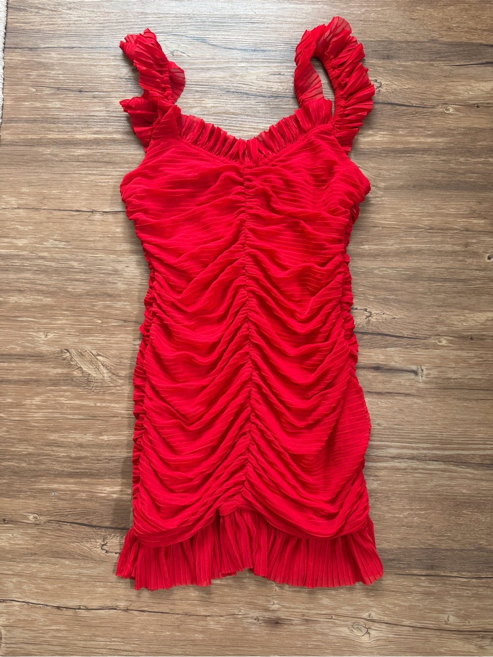 Zara Red Ruched Mini Dress with Ruffle Straps - Picture 2 of 6